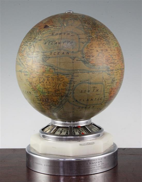 A Jaeger Le Coultre electric revolving globe timepiece, 10.5in.